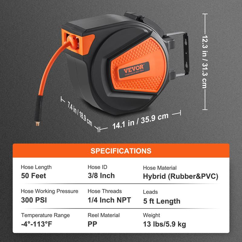 VEVOR Retractable Hose Reel, Max 130 FT Garden Water Hose Reel with 9-Pattern Nozzle, 180° Swivel Bracket Wall-Mounted, Automatic Rewind, Lock at Any Length, with Slow Return System