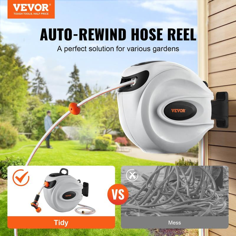 VEVOR Retractable Hose Reel, Max 130 FT Garden Water Hose Reel with 9-Pattern Nozzle, 180° Swivel Bracket Wall-Mounted, Automatic Rewind, Lock at Any Length, with Slow Return System