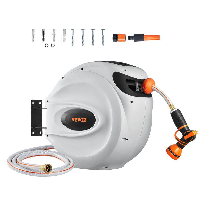 VEVOR Retractable Hose Reel, Max 130 FT Garden Water Hose Reel with 9-Pattern Nozzle, 180° Swivel Bracket Wall-Mounted, Automatic Rewind, Lock at Any Length, with Slow Return System
