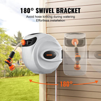 VEVOR Retractable Hose Reel, Max 130 FT Garden Water Hose Reel with 9-Pattern Nozzle, 180° Swivel Bracket Wall-Mounted, Automatic Rewind, Lock at Any Length, with Slow Return System