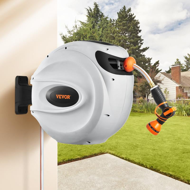 VEVOR Retractable Hose Reel, Max 130 FT Garden Water Hose Reel with 9-Pattern Nozzle, 180° Swivel Bracket Wall-Mounted, Automatic Rewind, Lock at Any Length, with Slow Return System