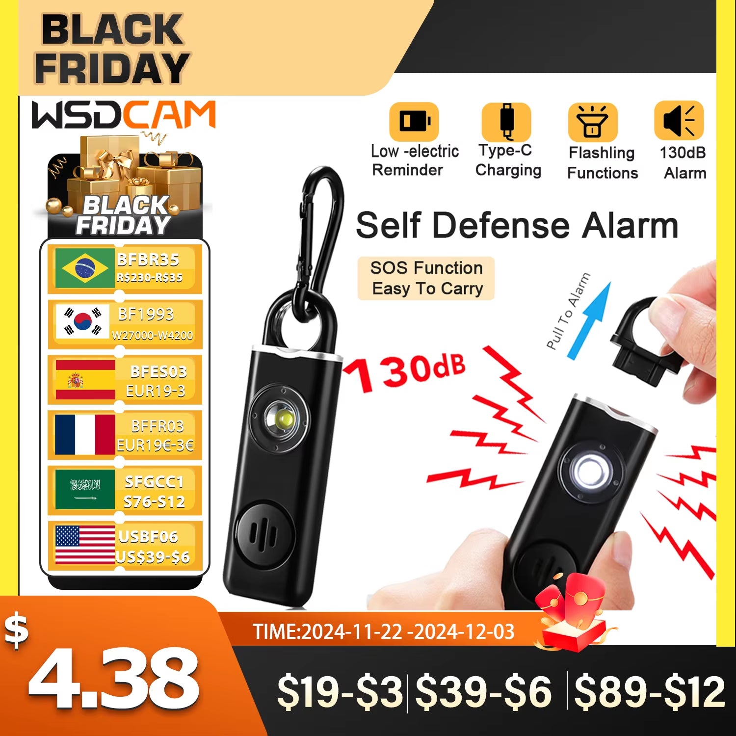 Self Defense Alarm 130Db Anti-Wolf Personal Alarm for Girl Child Women Loud Panic Alarm Rechargeable Emergency Alarm