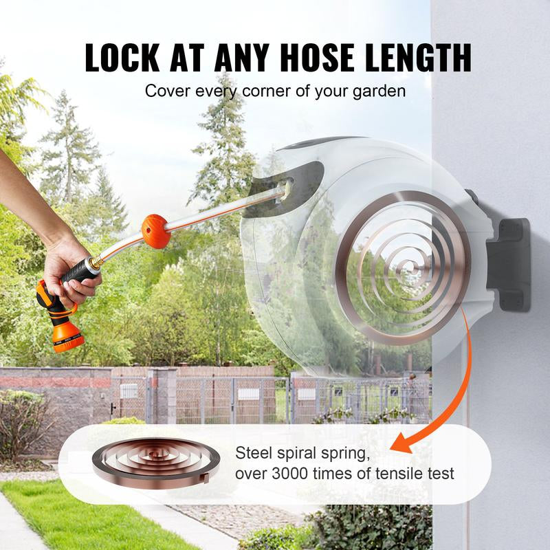 VEVOR Retractable Hose Reel, Max 130 FT Garden Water Hose Reel with 9-Pattern Nozzle, 180° Swivel Bracket Wall-Mounted, Automatic Rewind, Lock at Any Length, with Slow Return System