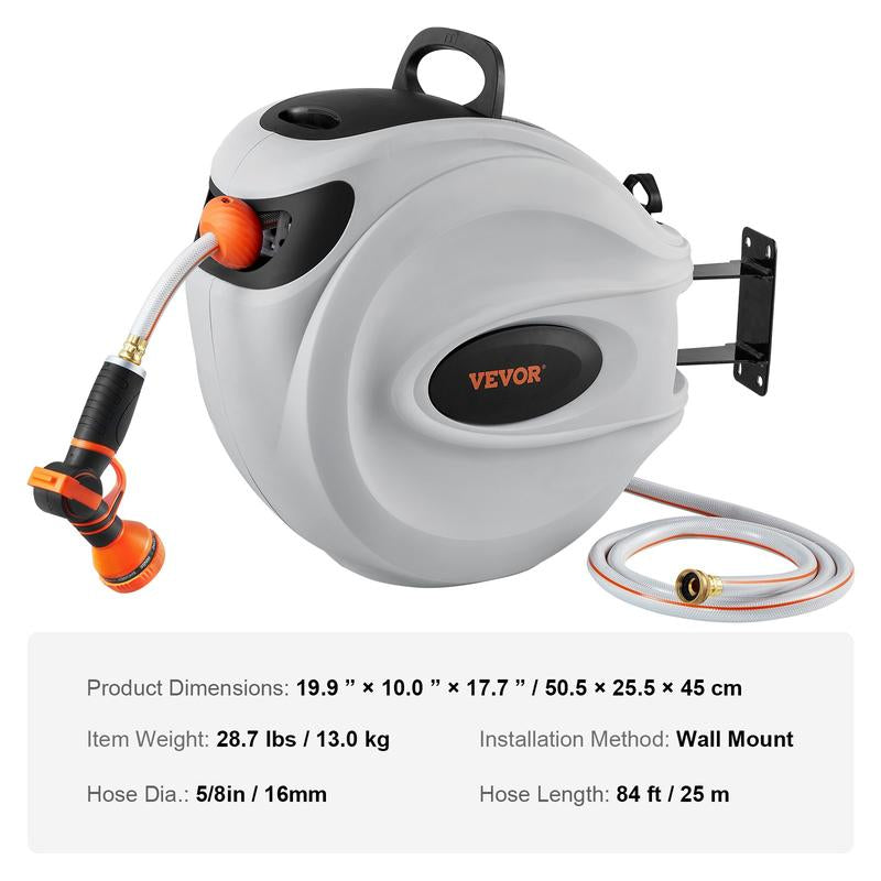 VEVOR Retractable Hose Reel, Max 130 FT Garden Water Hose Reel with 9-Pattern Nozzle, 180° Swivel Bracket Wall-Mounted, Automatic Rewind, Lock at Any Length, with Slow Return System