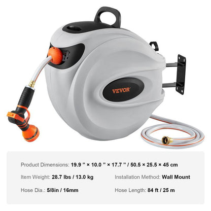 VEVOR Retractable Hose Reel, Max 130 FT Garden Water Hose Reel with 9-Pattern Nozzle, 180° Swivel Bracket Wall-Mounted, Automatic Rewind, Lock at Any Length, with Slow Return System