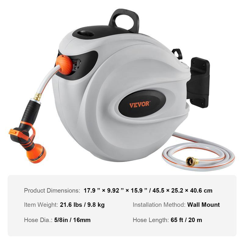VEVOR Retractable Hose Reel, Max 130 FT Garden Water Hose Reel with 9-Pattern Nozzle, 180° Swivel Bracket Wall-Mounted, Automatic Rewind, Lock at Any Length, with Slow Return System
