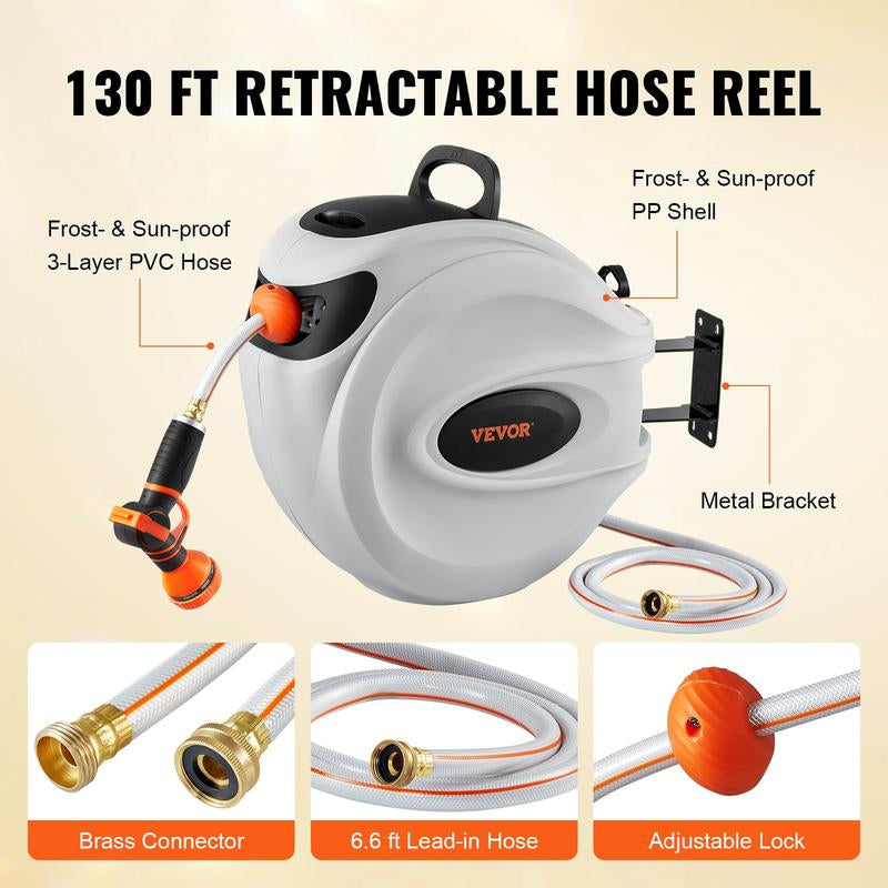 VEVOR Retractable Hose Reel, Max 130 FT Garden Water Hose Reel with 9-Pattern Nozzle, 180° Swivel Bracket Wall-Mounted, Automatic Rewind, Lock at Any Length, with Slow Return System