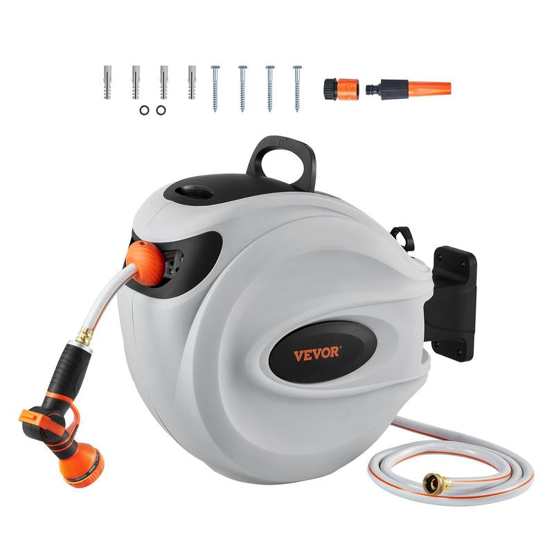 VEVOR Retractable Hose Reel, Max 130 FT Garden Water Hose Reel with 9-Pattern Nozzle, 180° Swivel Bracket Wall-Mounted, Automatic Rewind, Lock at Any Length, with Slow Return System